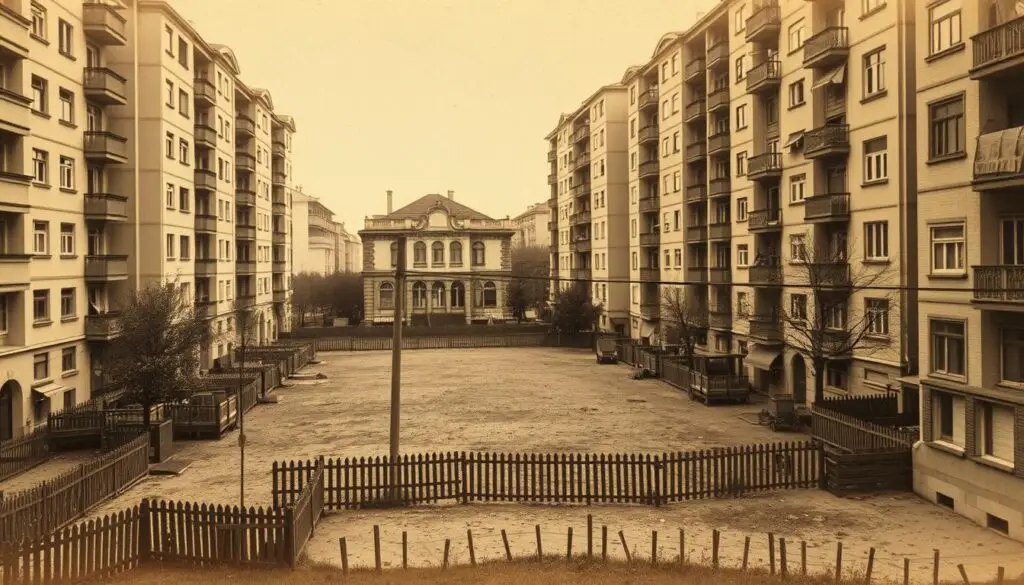 Budapeszt początku XX wieku z pustym placem między kamienicami, podobnym do Placu Broni z powieści