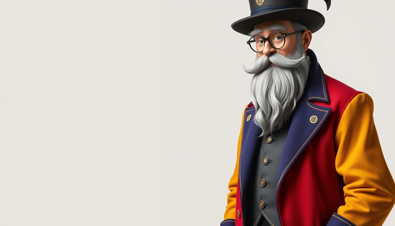 Charakterystyczny strój Pana Kleksa z frakiem, brodą i okularami