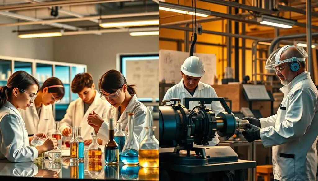 Comparison of Science Education in High School and Technical School: A Detailed Visual Illustration A side-by-side scene depicting the academic environments of a high school science lab and a technical school workshop. In the high school, students in clean white lab coats intently observe chemical experiments, surrounded by gleaming glassware and technical diagrams. In the technical school, students in protective gear operate complex machinery and tools, with engineering models and blueprints visible in the background. Warm, focused lighting illuminates the dedicated expressions on the faces of the students, conveying the rigor and hands-on nature of their studies. The composition emphasizes the contrasting yet complementary approaches to science education in these distinct academic settings.