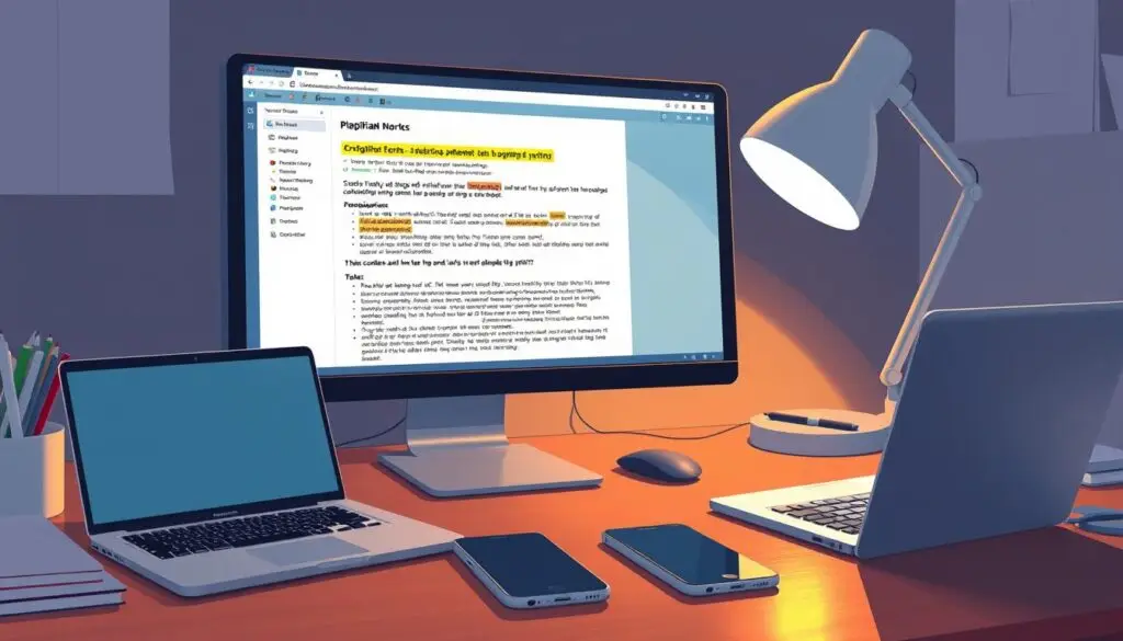Detailed illustration of a workplace setup with a laptop and various tools for plagiarism detection. A desktop computer monitor displays a plagiarism checking interface with highlighted text, while a smartphone and other digital devices are arranged neatly on the desk. The scene is illuminated by warm, soft lighting, creating a professional and focused atmosphere. The overall composition conveys the idea of diligently verifying the originality of written work.