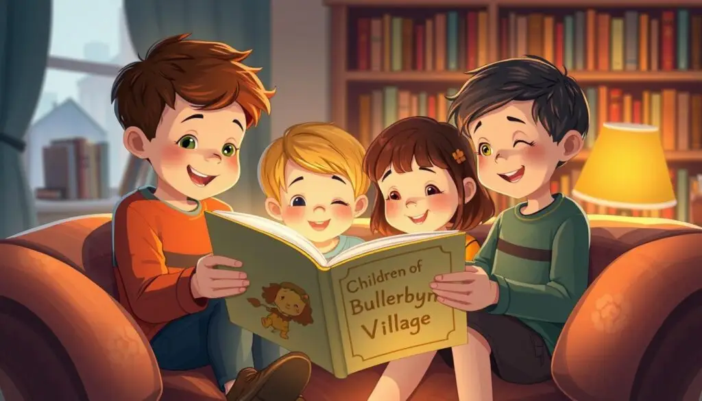 Dzieci czytające książkę Dzieci z Bullerbyn w przytulnym pokoju