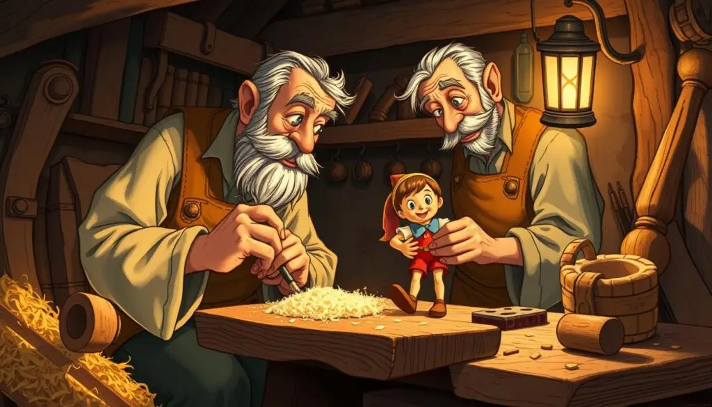 Geppetto wycinający Pinokia z drewna - kluczowa scena z książki, kto zrobił Pinokia