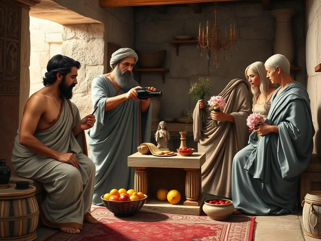 Grecka rodzina składająca ofiary przy domowym ołtarzu, w jaki sposób Grecy oddawali cześć bogom