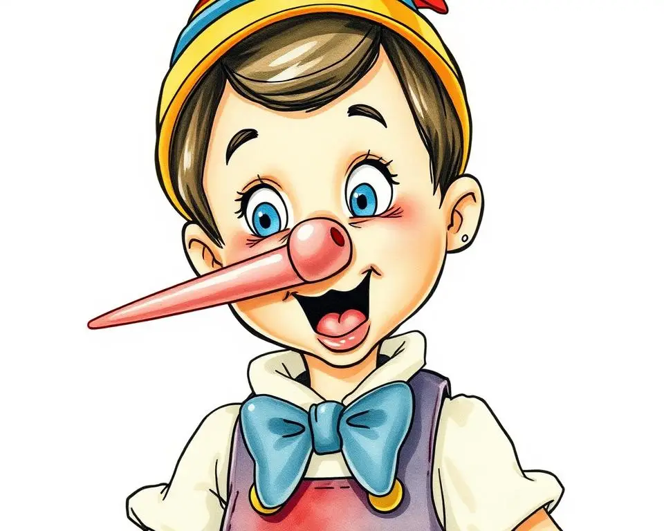 Ilustracja przedstawiająca Pinokia z rosnącym nosem - słynna scena z książki