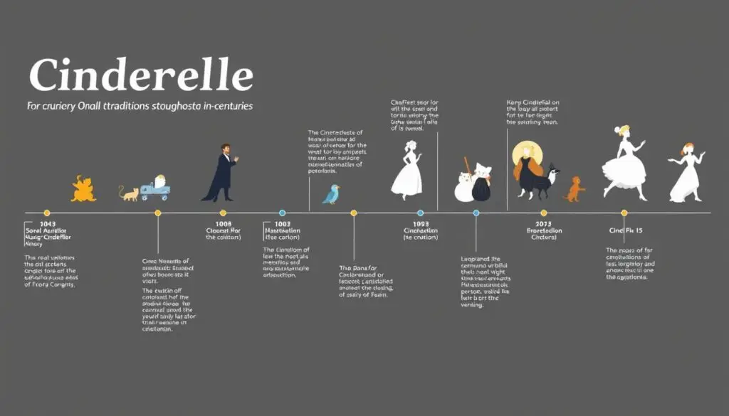 Ilustracja przedstawiająca ewolucję baśni o Kopciuszku przez wieki