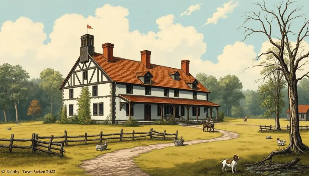 Ilustracja przedstawiająca scenę z Pana Tadeusza - szlachecki dwór na Litwie