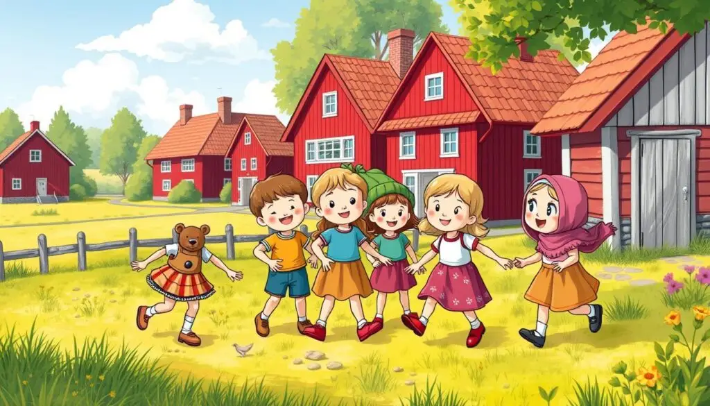 Ilustracja przedstawiająca wszystkie dzieci z Bullerbyn podczas zabawy