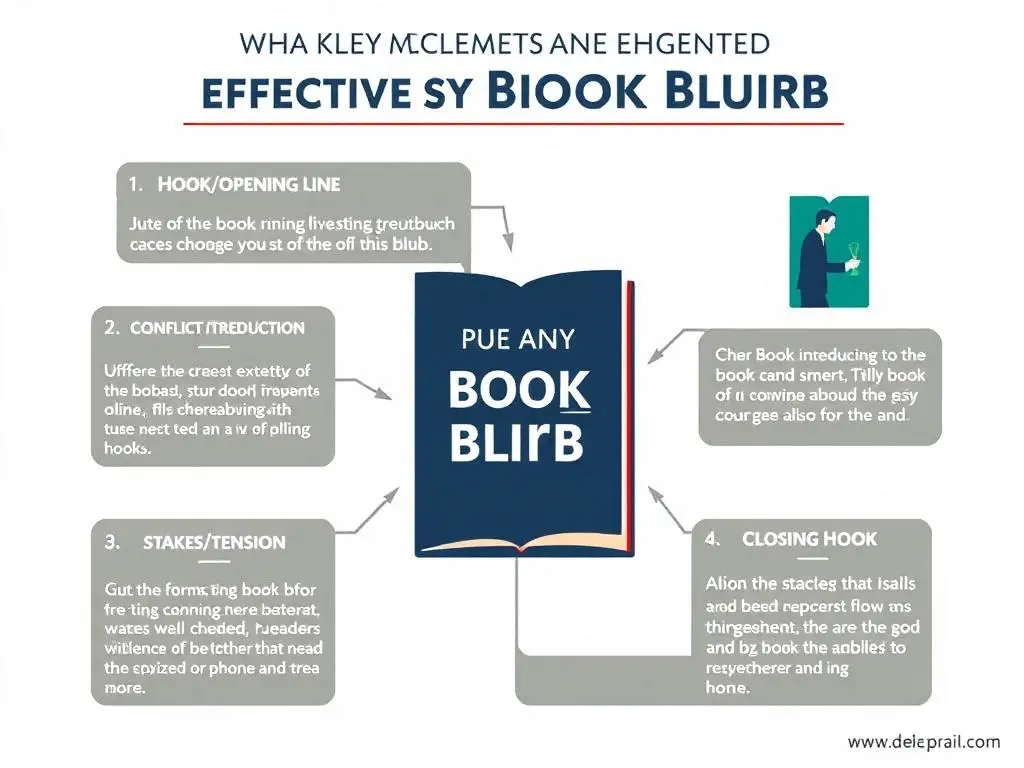 Infografika przedstawiająca kluczowe elementy dobrego blurba