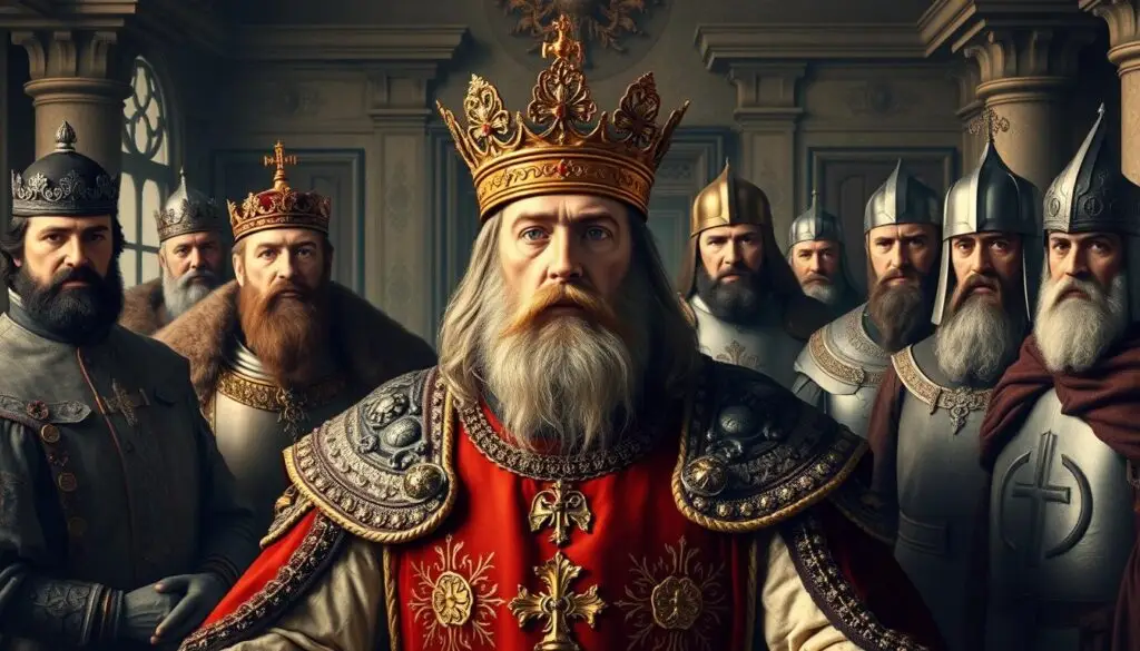 Karol Wielki ze swoją świtą, postać historyczna będąca jednym z głównych bohaterów Pieśni o Rolandzie