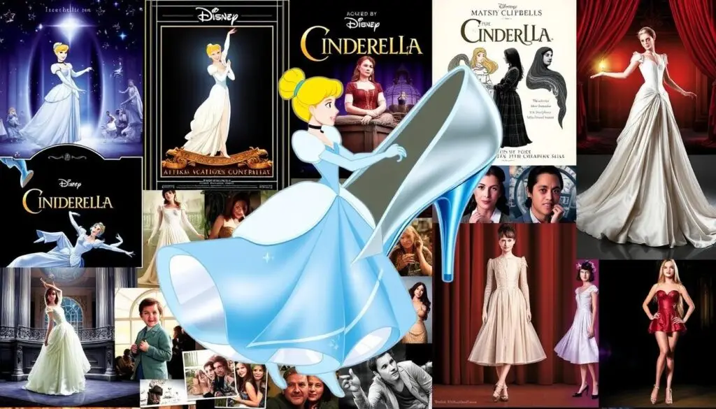 Kolaż przedstawiający wpływ baśni o Kopciuszku na różne dziedziny kultury