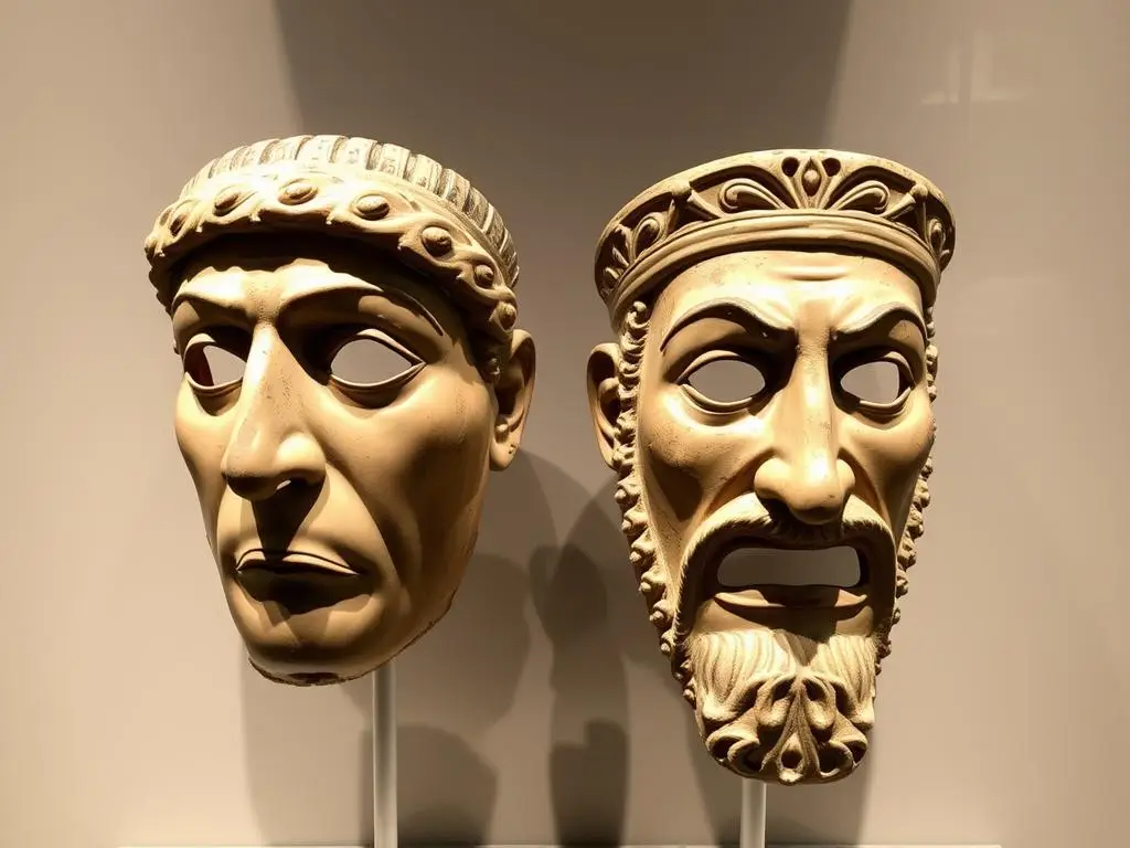 Maski teatralne używane w starożytnym teatrze greckim podczas wystawiania tragedii
