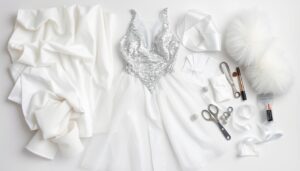 Materiały potrzebne do wykonania stroju Królowej Śniegu rozłożone na stole