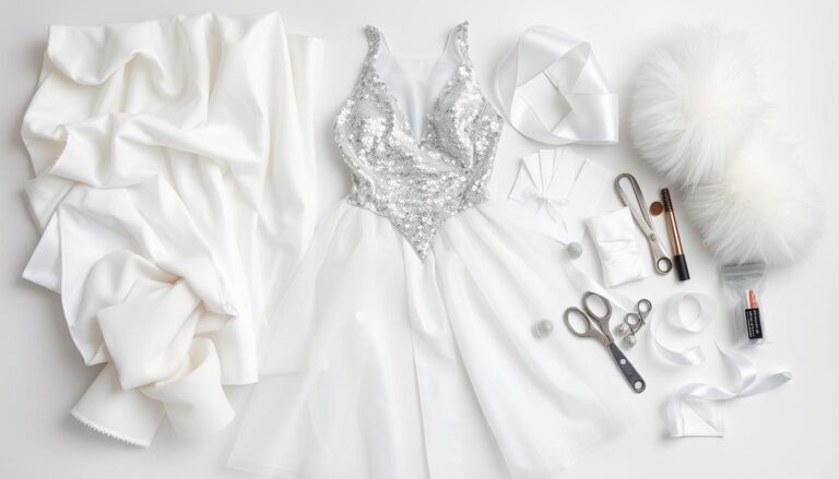 Materiały potrzebne do wykonania stroju Królowej Śniegu rozłożone na stole