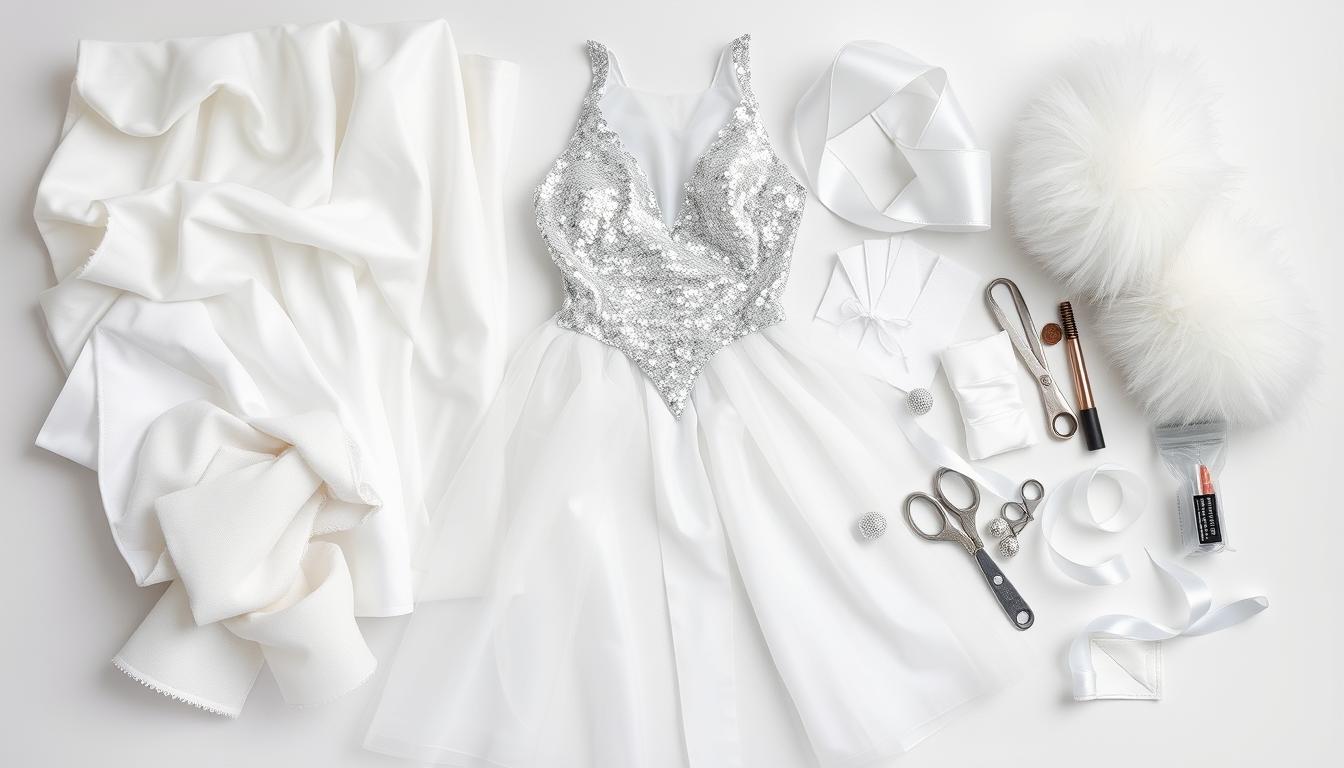 Materiały potrzebne do wykonania stroju Królowej Śniegu rozłożone na stole