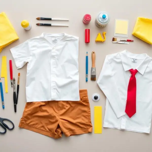 Materiały potrzebne do wykonania stroju Spongebob rozłożone na stole