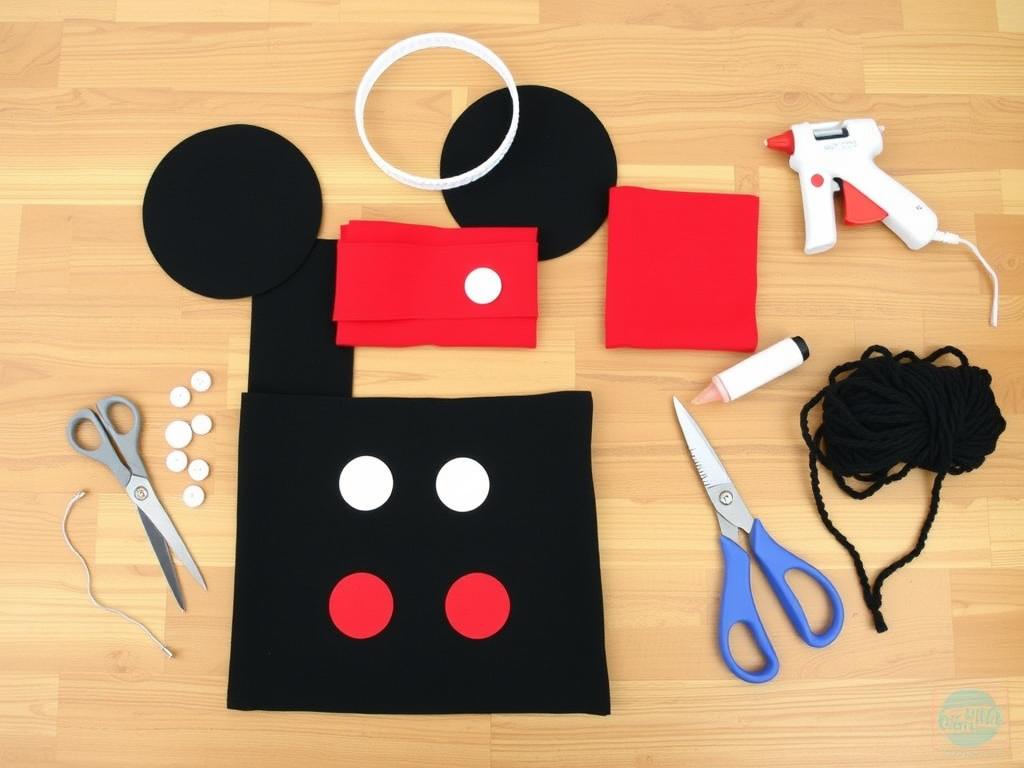 Materiały potrzebne do zrobienia stroju Myszki Miki rozłożone na stole