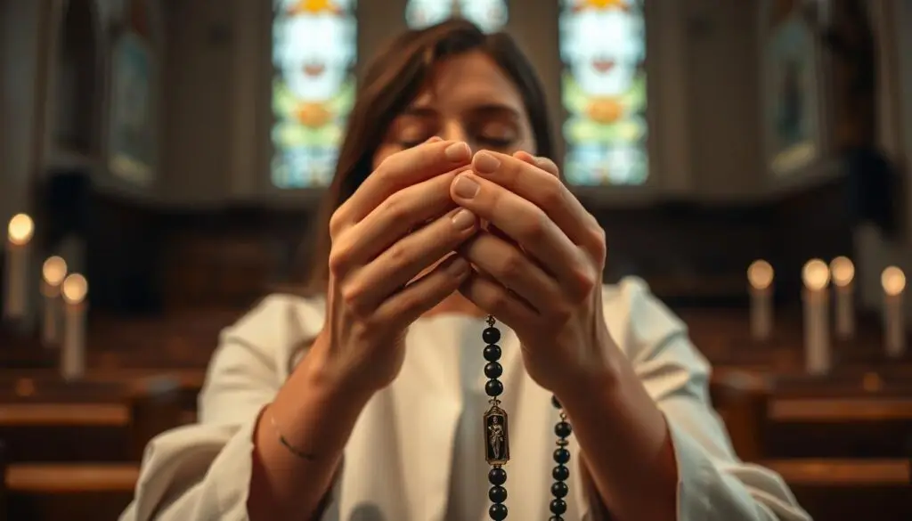 Osoba modląca się na różańcu w spokojnym otoczeniu - tajemnice różańca świętego ściąga