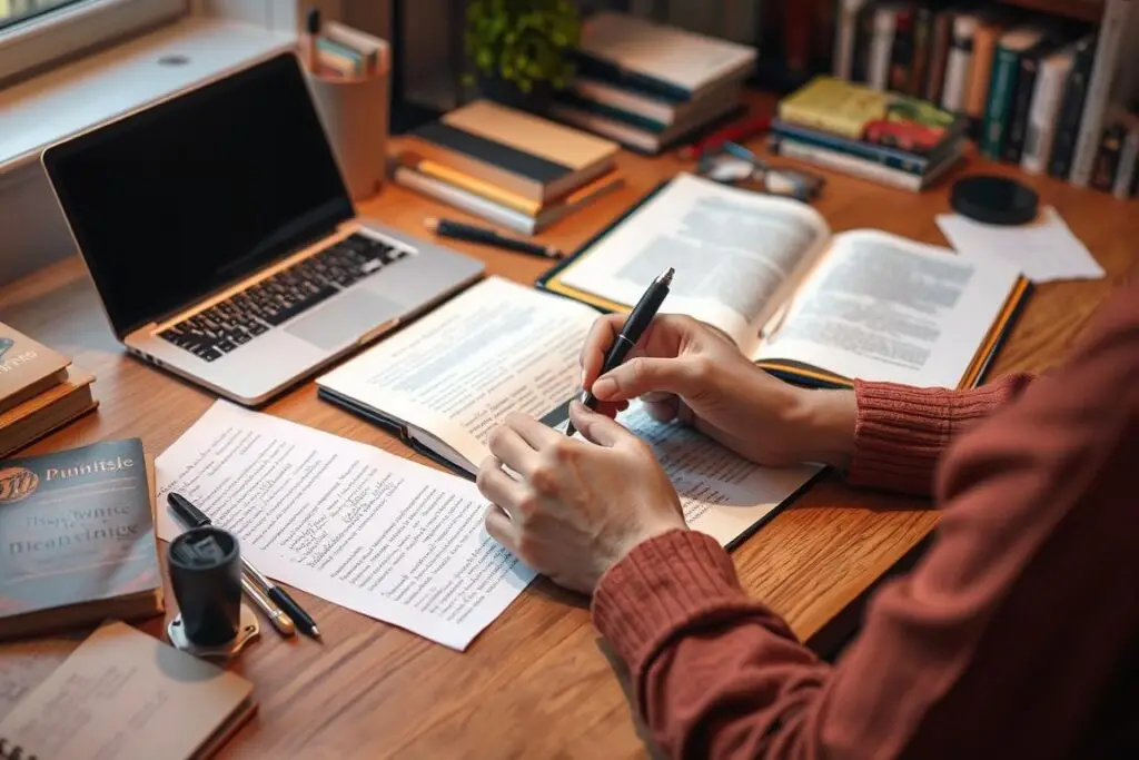 Osoba pisząca blurb do książki przy biurku z notatkami i przykładami