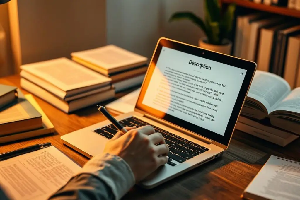 Osoba pisząca opis książki na laptopie z notatkami i książkami obok