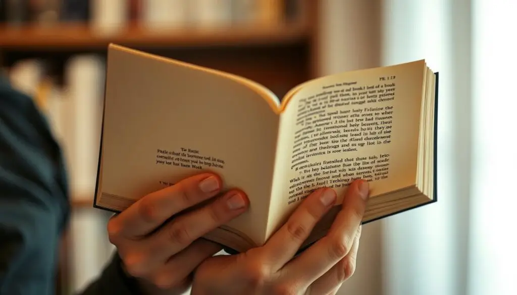 Osoba trzymająca książkę z widocznym blurbem na tylnej okładce