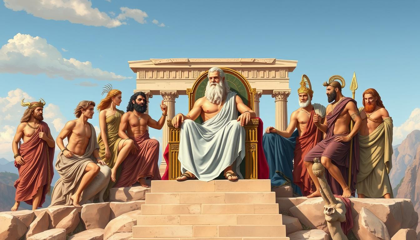 Panteon greckich bogów z Zeusem na tronie otoczonym przez innych olimpijczyków, w jaki sposób Grecy oddawali cześć bogom