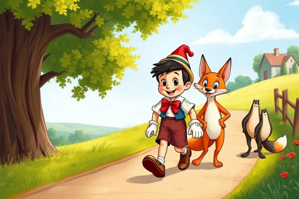 Pinokio z Lisem i Kotem - bohaterowie książki, którzy wprowadzają Pinokia w tarapaty