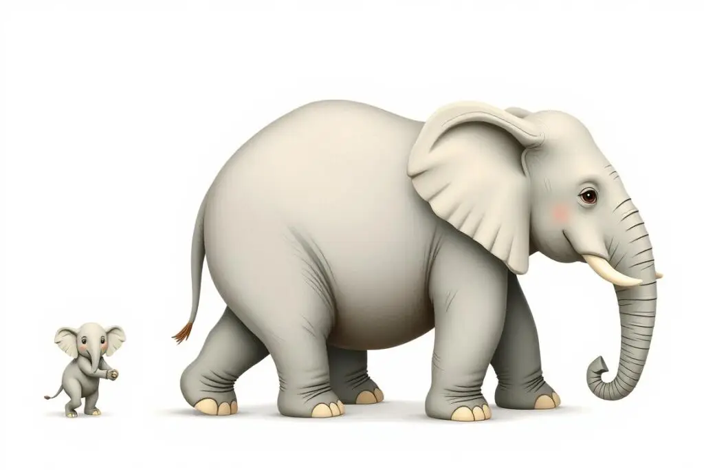 Porcelanowy słoń Dominik rosnący po zjedzeniu pigułek - słoń z książki dla dzieci Ludwika Jerzego Kerna