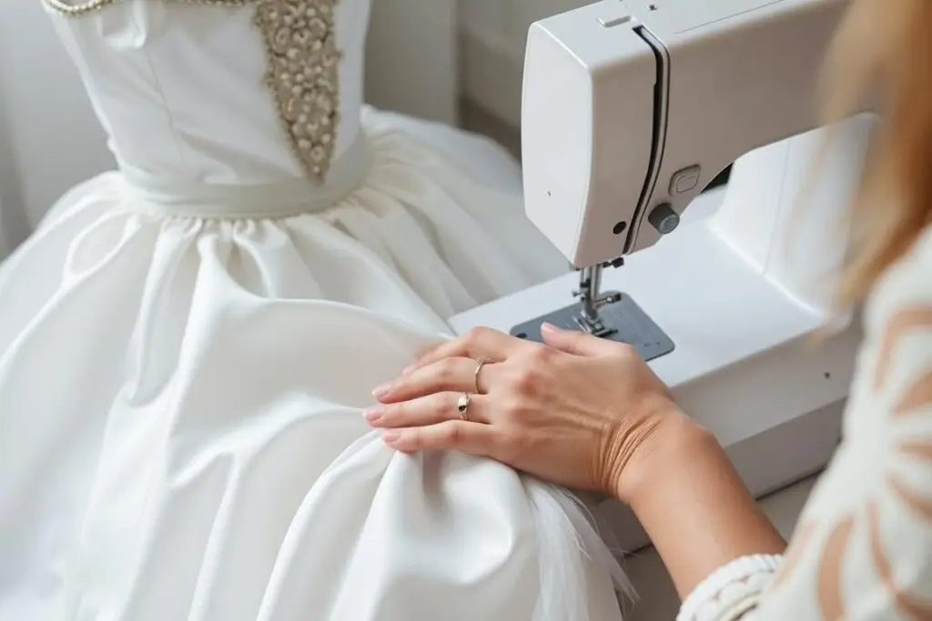 Proces szycia sukni Królowej Śniegu - kobieta pracująca nad białą suknią