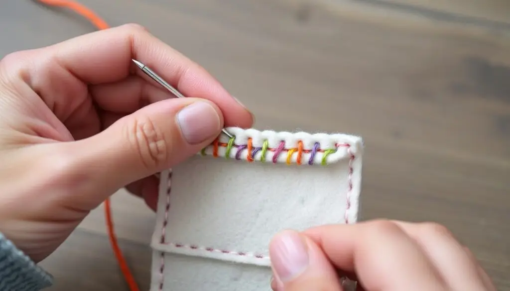 Proces szycia zakładki z filcu ściegiem obrzucającym