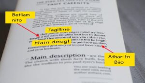 Przykład blurba na tylnej okładce książki z zaznaczonymi kluczowymi elementami