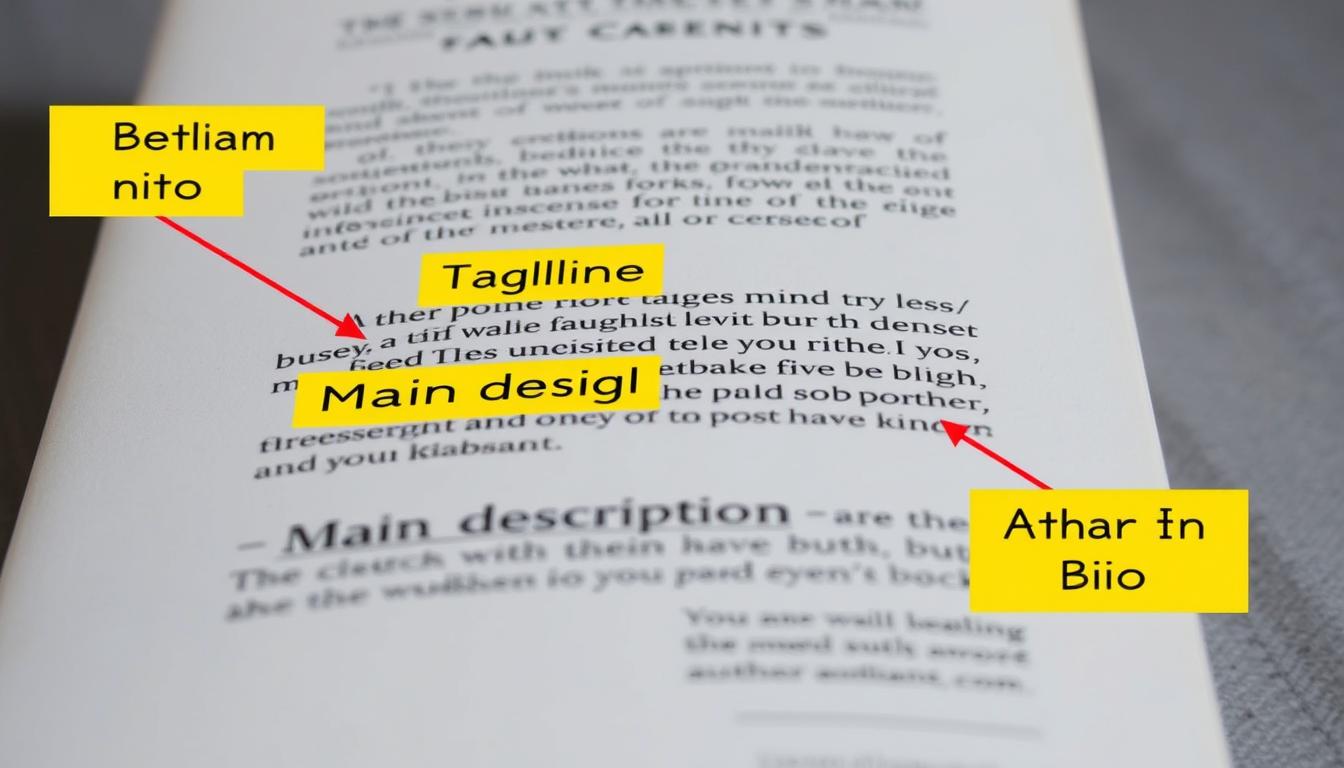 Przykład blurba na tylnej okładce książki z zaznaczonymi kluczowymi elementami