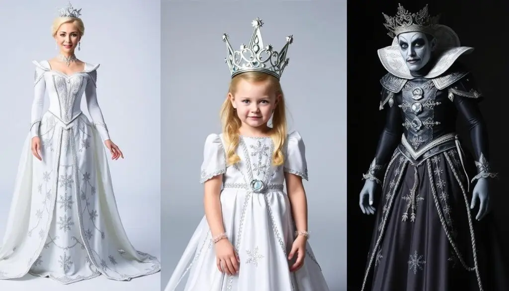 Różne warianty stroju Królowej Śniegu dla dorosłych i dzieci