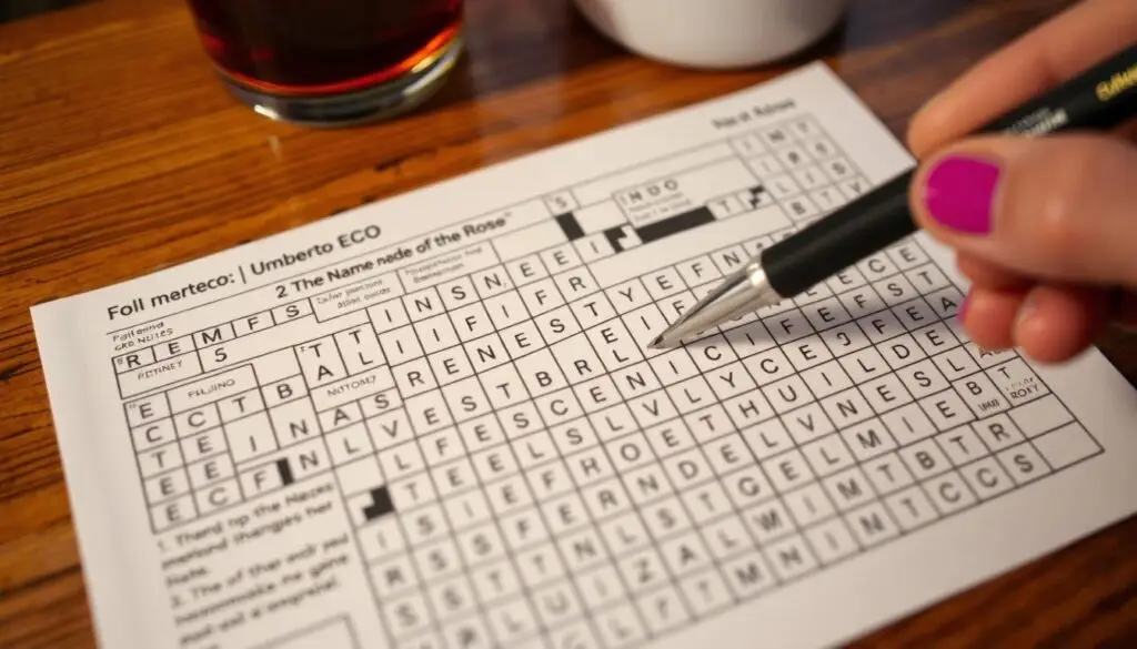 Rozwiązywanie krzyżówki z hasłami związanymi z powieścią Umberto Eco