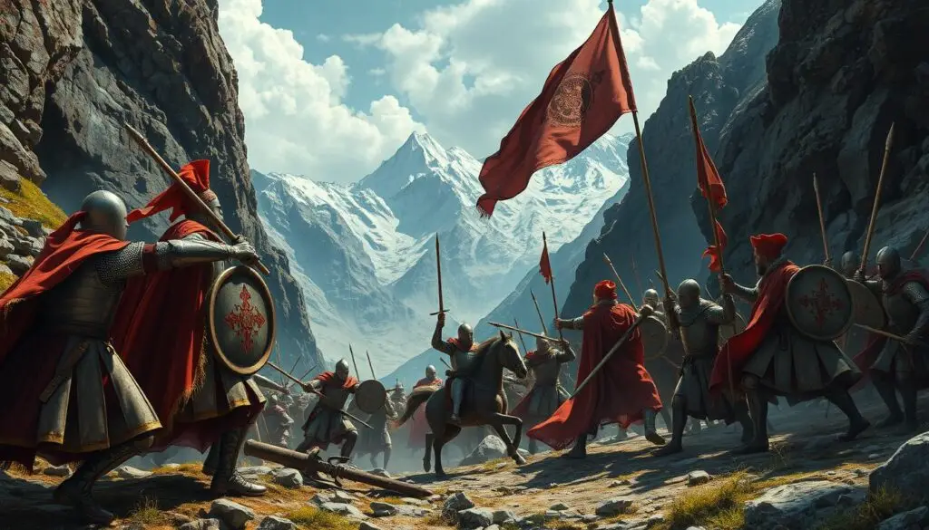 Scena bitwy z Pieśni o Rolandzie ukazująca rycerzy walczących w wąwozie Roncevaux