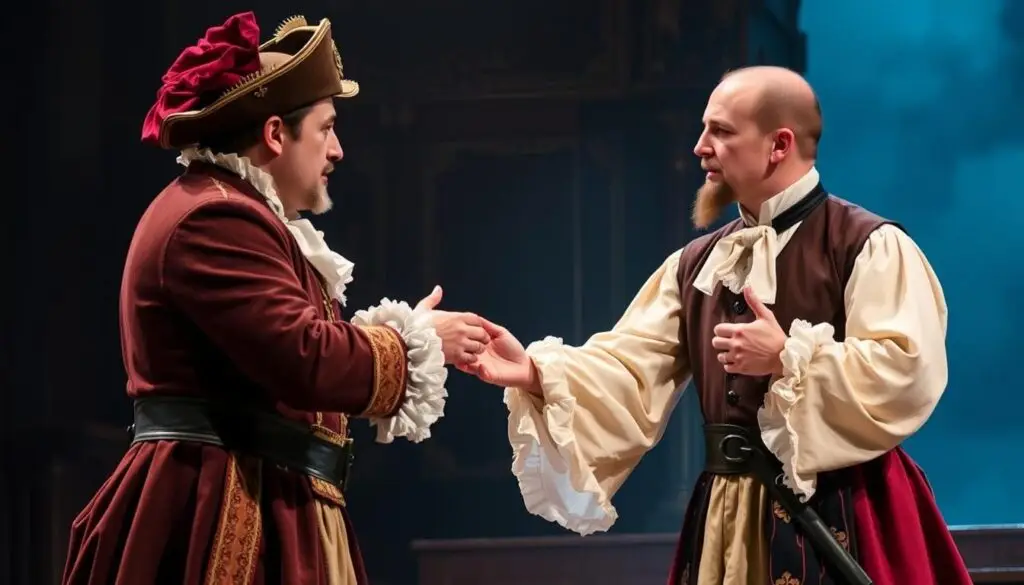 Scena z teatralnego przedstawienia Zemsty z postaciami Cześnika i Rejenta