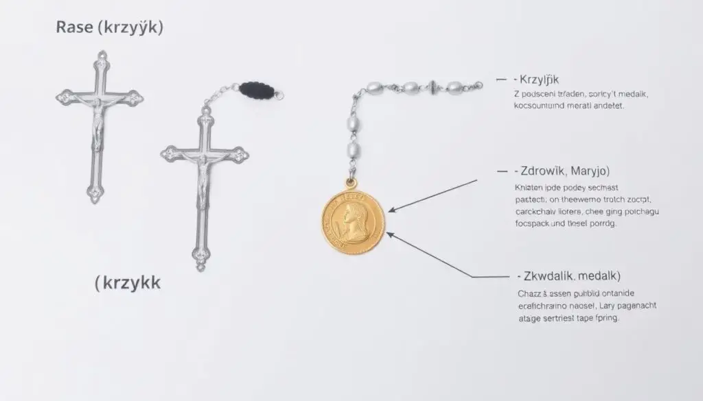 Schemat różańca z oznaczonymi częściami i tajemnicami różańca świętego