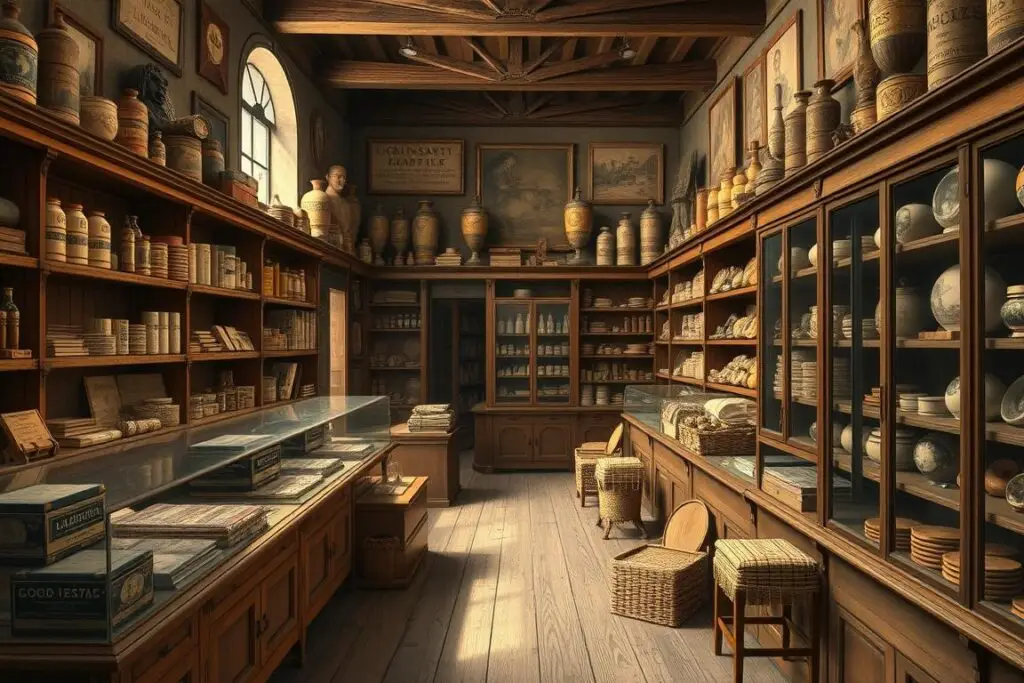 Sklep kolonialny z XIX wieku, podobny do sklepu Wokulskiego z powieści Lalka