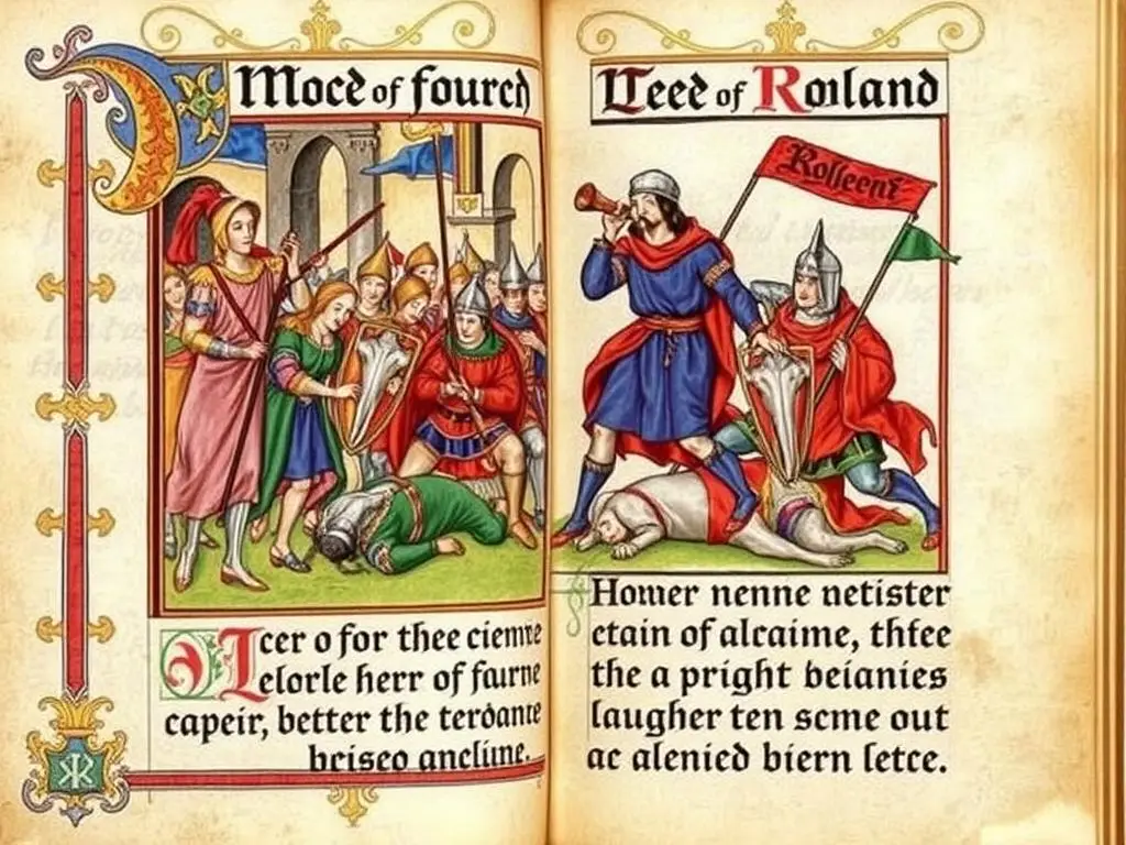 Średniowieczny manuskrypt z ilustracją sceny z Pieśni o Rolandzie