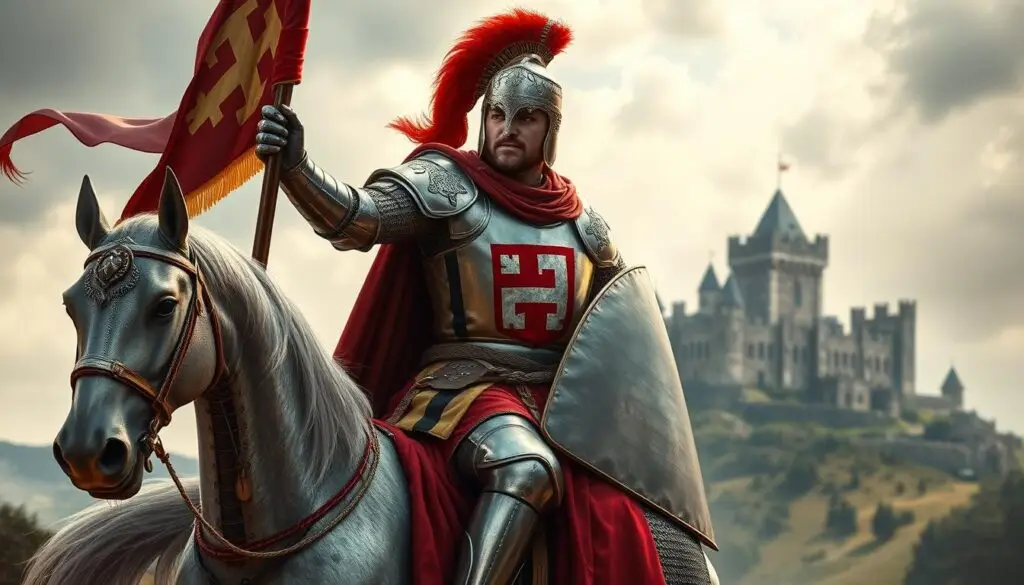 Średniowieczny rycerz uosabiający ideały rycerskie przedstawione w Pieśni o Rolandzie