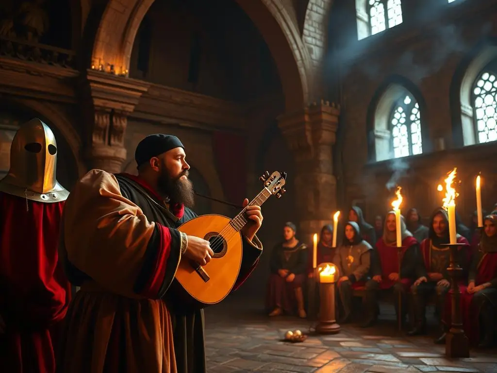 Średniowieczny truwer wykonujący Pieśń o Rolandzie przed publicznością