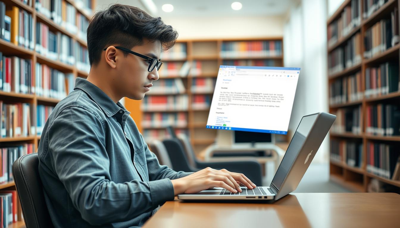 Student piszący maila do wykładowcy na laptopie w bibliotece uniwersyteckiej