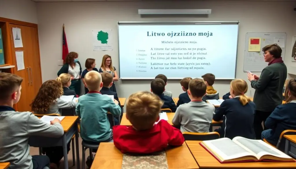 Uczniowie recytujący fragment Litwo ojczyzno moja podczas lekcji języka polskiego