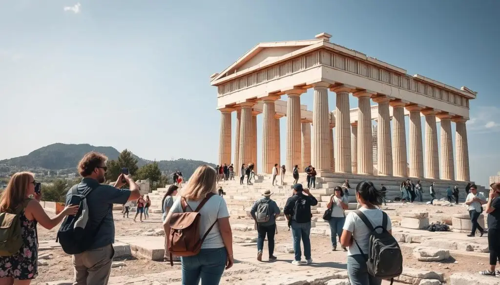 Współczesne ruiny greckiej świątyni z turystami, symbolizujące dziedzictwo religii greckiej, w jaki sposób Grecy oddawali cześć bogom