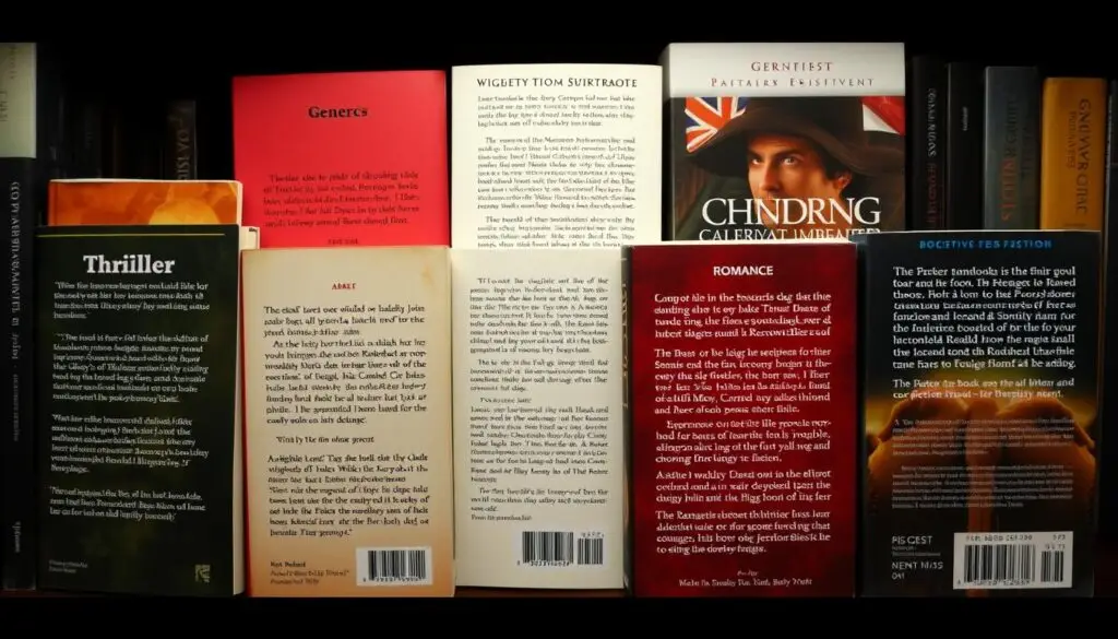 Zbiór książek różnych gatunków z widocznymi blurbami na tylnych okładkach