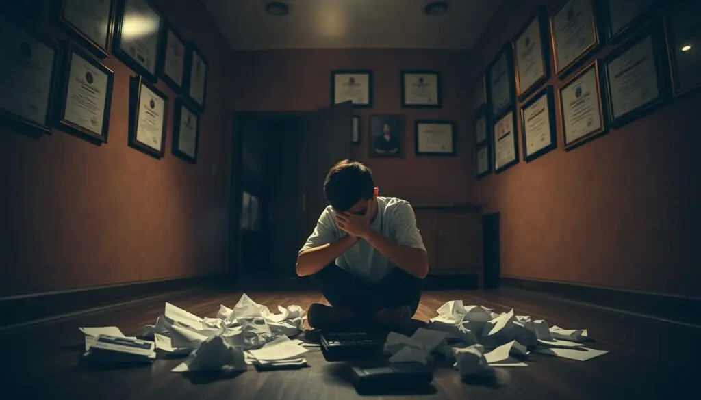 A dimly lit room, the walls adorned with framed diplomas and certificates. In the center, a young person sits hunched over, head in hands, surrounded by crumpled papers and a calculator. The atmosphere is one of overwhelming disappointment and uncertainty, as the consequences of not passing the high school mathematics exam weigh heavily. Soft, warm lighting casts long shadows, emphasizing the solitary figure's feelings of isolation and despair. The scene conveys the emotional and practical challenges faced by those who must navigate the aftermath of a failed exam, their futures uncertain and their path forward unclear.