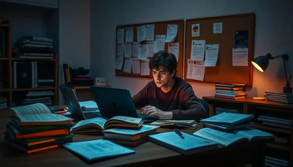 A dimly lit study room, with a student diligently preparing for their Polish high school exam retake. Textbooks, notes, and a laptop scattered across the desk, creating an atmosphere of focused academic effort. Soft, warm lighting illuminates the scene, casting gentle shadows and highlighting the student's determined expression. The wall behind the desk displays a corkboard with exam preparation materials pinned up, providing a sense of structure and organization. The overall mood conveys a somber yet determined spirit, as the student navigates the challenge of retaking this crucial examination.