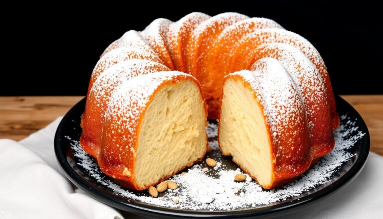 Babka na oleju Siostry Anastazji z posypką cukru pudru na ciemnym talerzu