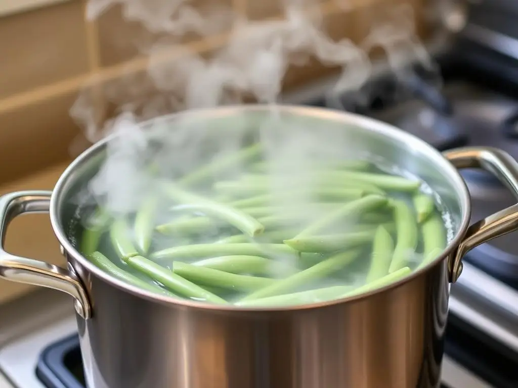 Blanszowanie fasolki szparagowej we wrzącej wodzie Blanszowanie fasolki szparagowej we wrzącej wodzie