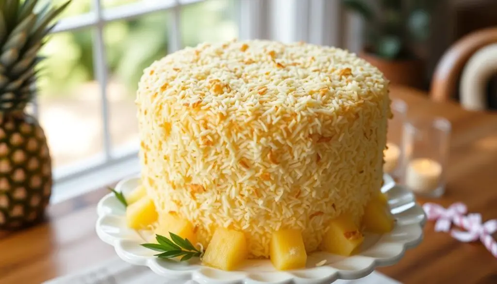 Całe ciasto ananasowo kokosowe siostry Anastazji na paterze Całe ciasto ananasowo kokosowe siostry Anastazji na paterze