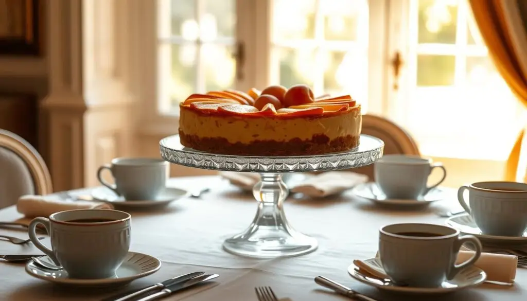 Całe ciasto sernika z brzoskwiniami siostry Anastazji na eleganckim stole